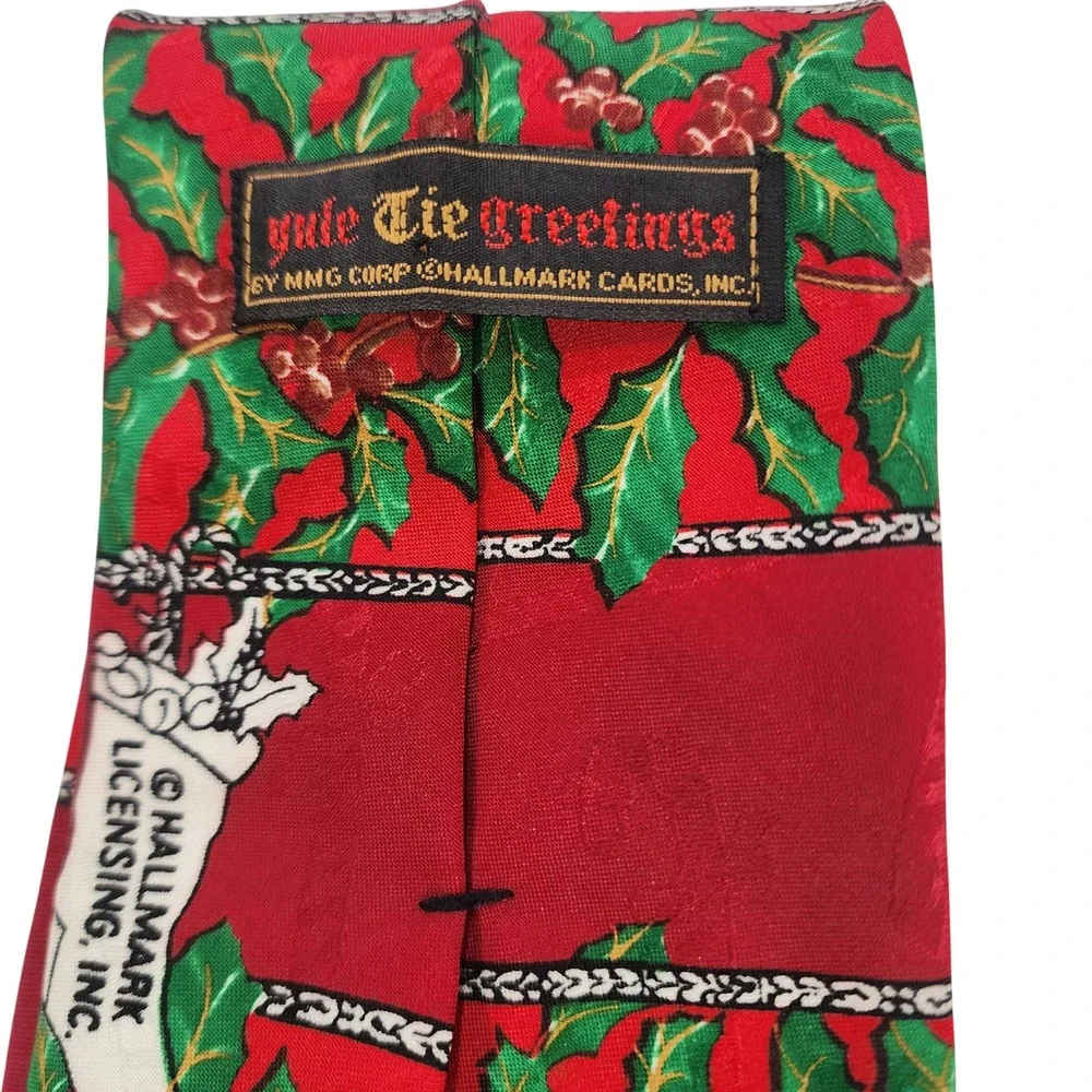 Vintage Hallmark Yule Tie Greetings Christmas Holly Candy Cane Red Silk Tie USA